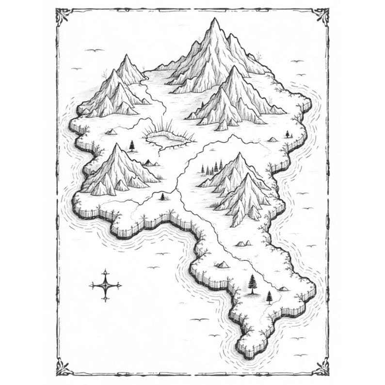 Fictional Map Colorable Fantasy Map Coloring Pages: Magical Lands Art - Printable World Map ...