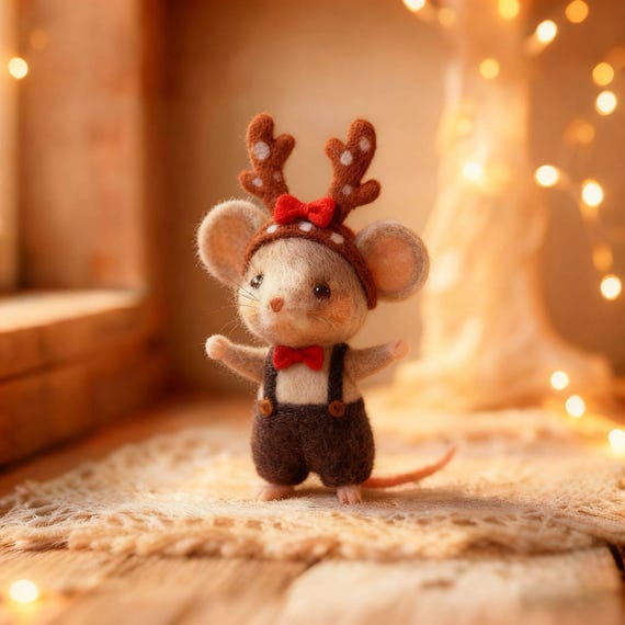 Needle Felted Mouse Figurine – Handmade Wool Ornament, Winter Decor