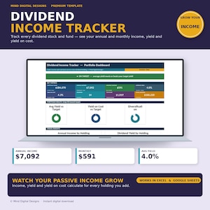Può includere: Un modello digitale per il monitoraggio dei redditi da dividendi visualizzato su uno schermo di un portatile, con una dashboard di portafoglio che mostra metriche chiave, grafici di rendimento e dati finanziari. Include etichette di testo.