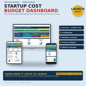 May include: A digital startup cost budget dashboard template for Excel and Google Sheets. The display shows a laptop, tablet, and smartphone screen with financial metrics, charts, and funding data. Text includes "STARTUP COST BUDGET DASHBOARD" and "LAUNCH READY."