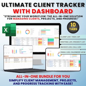 Pode incluir: Uma tela de computador mostrando uma planilha com um painel que mostra gráficos e diagramas. A planilha está etiquetada como "Ultimate Client Tracker with Dashboard". O texto "Streamline your workflow: The all-in-one solution for managing clients, projects, and progress!" é exibido acima da planilha. A tela é cercada por um laptop, um tablet e um smartphone, todos mostrando planilhas semelhantes. O texto "10 Tabs" é exibido em um círculo no canto superior direito da imagem. Abaixo da planilha, o texto "All-in-one bundle for you" é exibido. Abaixo disso, o texto "Simplify client management, projects, and progress tracking with ease!" é exibido.