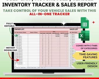 Vehicle Inventory Sales Tracker: Excel & Google Sheets (Digital Download)