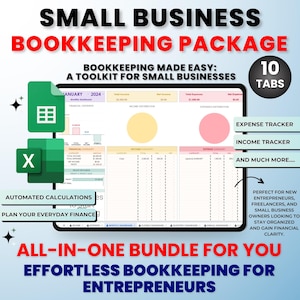 Può includere: Un modello di foglio di calcolo digitale per la contabilità delle piccole imprese. Il modello include 10 schede, tra cui un tracker di spese, un tracker di entrate e altro ancora. Il testo "BOOKKEEPING MADE EASY: A TOOLKIT FOR SMALL BUSINESSES" è visualizzato nella parte superiore dell'immagine. Il testo "ALL-IN-ONE BUNDLE FOR YOU EFFORTLESS BOOKKEEPING FOR ENTREPRENEURS" è visualizzato nella parte inferiore dell'immagine.
