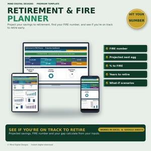 May include: A digital retirement and FIRE planner template displayed on a computer monitor, tablet, and smartphone. The interface features a projection dashboard with financial metrics, charts, and text including "HIT YOUR NUMBER" and "WORKS IN EXCEL & GOOGLE SHEETS."