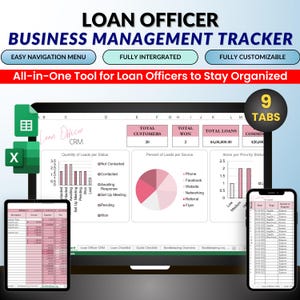 May include: A digital business management tracker for loan officers, shown on a laptop, tablet, and smartphone. The interface features charts, graphs, and data tables. The design includes the text "Loan Officer Business Management Tracker" and "All-in-One Tool for Loan Officers to Stay Organized."