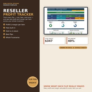 May include: A digital reseller profit tracker template for Excel and Google Sheets. The display shows a dashboard with key metrics, profit and margin data, and charts. Text includes Reseller Profit Tracker, Total Profit $347, and Avg Margin 40%.