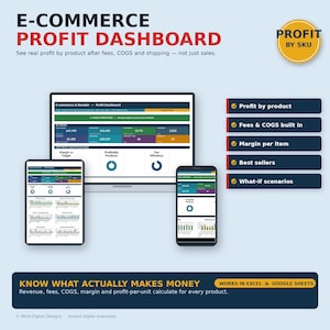 May include: An e-commerce profit dashboard digital tool displayed on a computer monitor, tablet, and smartphone. The interface features data tables, charts, and metrics for profit, fees, and COGS. Text includes E-COMMERCE PROFIT DASHBOARD and PROFIT BY SKU.