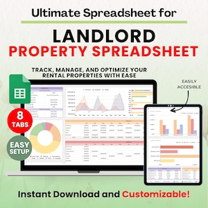 Può includere: Un foglio di calcolo digitale per proprietari, visualizzato su un laptop e un tablet. Il testo recita "Ultimate Spreadsheet for Landlord Property Spreadsheet". Include 8 schede, facile configurazione e download immediato.