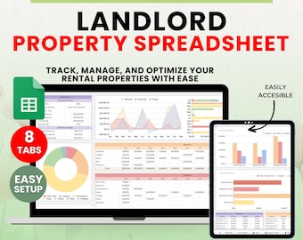 May include: A digital spreadsheet for landlords, displayed on a laptop and tablet. The text reads "Ultimate Spreadsheet for Landlord Property Spreadsheet." Features include 8 tabs, easy setup, and instant download. The spreadsheet helps track, manage, and optimize rental properties.