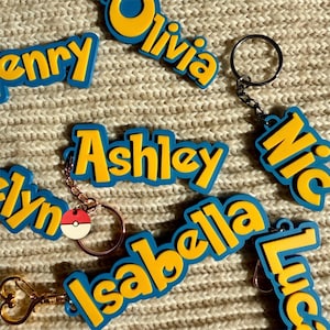 May include: A selection of personalised keyrings featuring names such as "Olivia" and "Lucas" in yellow text with a blue border. Some keyrings have a charm attached. The keyrings are displayed on a textured, off-white surface.