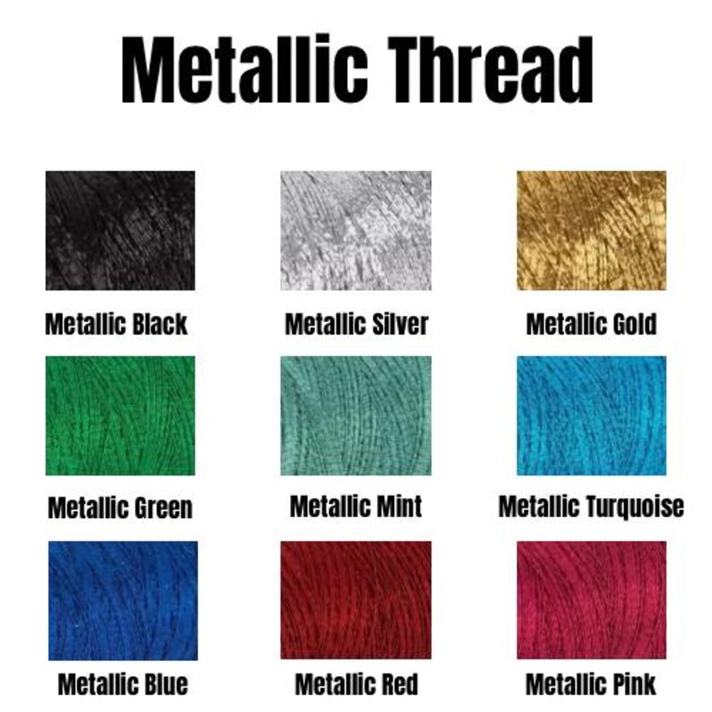 K&ouml;nnte beinhalten: Grafik mit verschiedenen Metallic-Garnfarben. Die Abbildung zeigt Farbmuster von Metallic-Schwarz, Silber, Gold, Gr&uuml;n, Mint, T&uuml;rkis, Blau, Rot und Pink. Der Text "Metallic Thread" steht oben.