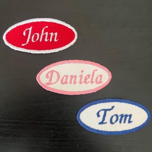 Custom vintage-styled iron-on name tag patch. Great for uniforms, shirts, apron, backpack, jackets , vest or dog harness