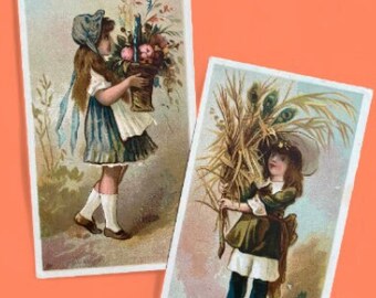 VICTORIAN EPHEMERA Set:  Two Girls with Flowers -- Pretty Cards!  - LA