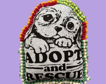 MINI PILLOW:  Adopt Don't Shop --Pet Adoption Theme -- Hand-Beaded Cutie, LA