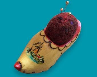 Wooden SHOE:  Vintage Dutch Clog -- Hand-Felted Wool Insert -- Hang or Sit! - Really Fun Sewing Room Piece! LA