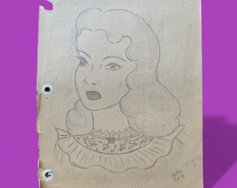 1940's PINUP Portrait:  Pencil Sketch of Glamour Girl -- Full Size, Charming Decor! - LA