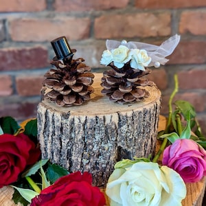 Rustic Pinecone Wedding Cake Toppers, Bride and Groom
