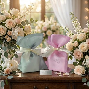 May include: Two fabric pouches, one light blue and one light pink, each tied with a white ribbon and a small pearl accent. A small rectangular card labeled Aura Pouch Collection sits between the pouches on a wooden surface.