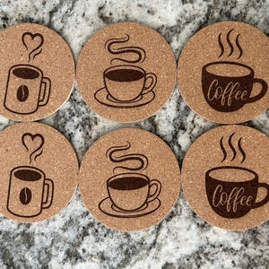 Set of Six Coffee Laser Engraved Cork Coasters, Laser Engraved Cork Coasters, Cork Coasters, Coasters.