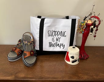 Shopping is My Therapy Tote Bag: White & Black Polyester, Front Pocket