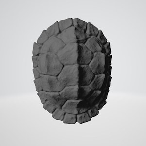 Puede incluir: Un caparazón de tortuga gris oscuro con una superficie texturizada y un patrón simétrico de formas poligonales superpuestas. El caparazón tiene forma ovalada y parece estar hecho de piedra. El diseño sugiere un tema natural y orgánico.