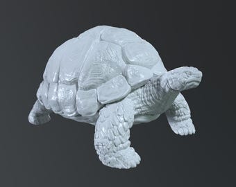 May include: A light gray sculpture of a tortoise, with detailed texture on its shell, legs, and head. The tortoise is depicted in a walking pose, with its legs extended. The background is a solid, dark gray.