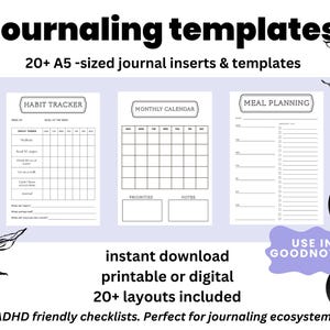 May include: Digital journaling templates with habit tracker, monthly calendar, and meal planning layouts. Includes 20+ A5-sized inserts. Features the text "instant download printable or digital" and "ADHD friendly checklists."