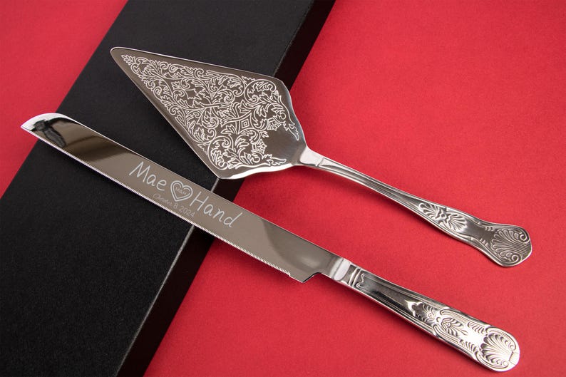 Personalized Wedding Cake Knife and Server Set: Engraved Silver Stainless Steel