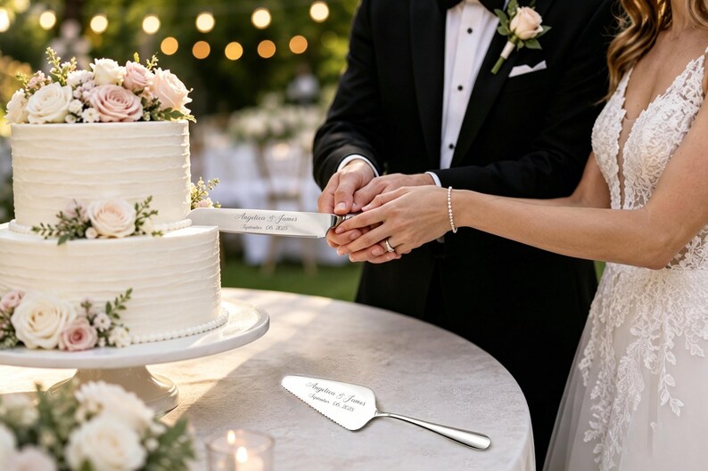 Puede incluir: Un cuchillo para pastel de plata y una pala para pastel a juego, ambos grabados con el texto "Angelica & James September 08, 2023". El cuchillo se utiliza para cortar un pastel de bodas blanco de dos niveles decorado con rosas rosas y blancas.