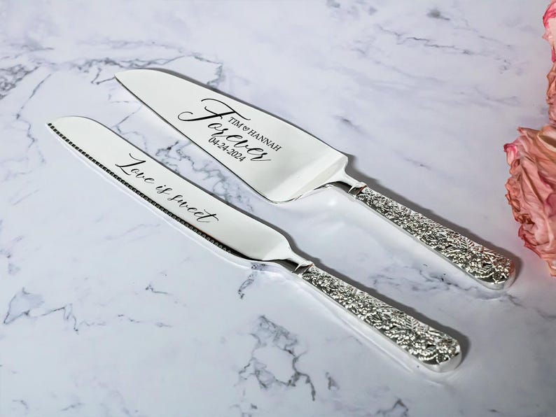 Custom Wedding Cake Serving Set, Personalized Cake Knife and Server, Engraved Wedding Cake Cutting Set, Bride and Groom Gift image 16