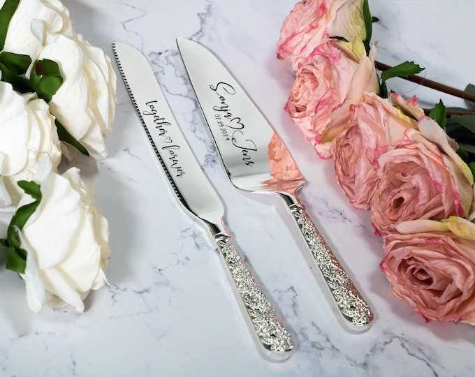 Custom Wedding Cake Serving Set, Personalized Cake Knife and Server, Engraved Wedding Cake Cutting Set, Bride and Groom Gift