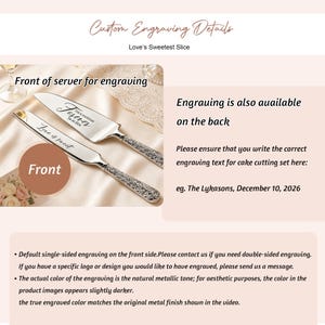 May include: A silver cake cutting set featuring a knife and a server with ornate handles. The server is engraved with "Forever" and a date, while the knife is engraved with "Love is sweet". Text on the image includes "Custom Engraving Details".