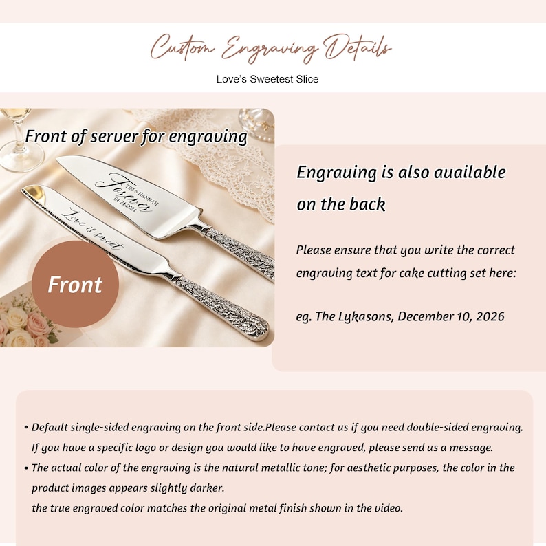 May include: A silver cake cutting set featuring a knife and a server with ornate handles. The server is engraved with "Forever" and a date, while the knife is engraved with "Love is sweet". Text on the image includes "Custom Engraving Details".