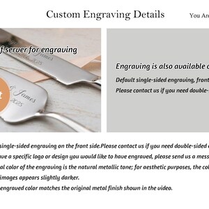 Puede incluir: Un juego de cuchillo y pala para pastel en tono plateado con grabado personalizado con el texto You Are My Forever, Amy & James, y 2025. La imagen muestra el frente de la pala y el cuchillo, indicando que el grabado tambi&eacute;n est&aacute; disponible en el reverso.