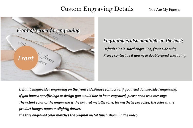Puede incluir: Un juego de cuchillo y pala para pastel en tono plateado con grabado personalizado con el texto You Are My Forever, Amy & James, y 2025. La imagen muestra el frente de la pala y el cuchillo, indicando que el grabado tambi&eacute;n est&aacute; disponible en el reverso.