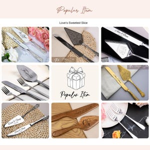 May include: A collection of cake serving sets featuring silver, gold, and wooden knives and servers. Some items are engraved with names and dates like Ada & Bain, Patricia & Cesar, and Dad & Gage. Includes forks and a central gift box illustration.