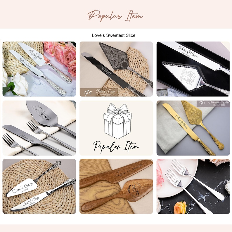 May include: A collection of cake serving sets featuring silver, gold, and wooden knives and servers. Some items are engraved with names and dates like Ada & Bain, Patricia & Cesar, and Dad & Gage. Includes forks and a central gift box illustration.