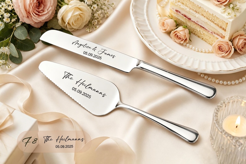 Puede incluir: Un juego de cuchillo y pala para pastel de acero inoxidable en tono plateado. El cuchillo est&aacute; grabado con 'Angelica & James' y '05.09.2025'. La pala est&aacute; grabada con 'The Heilmanns' y '05.09.2025'. Ambas piezas tienen un acabado pulido.