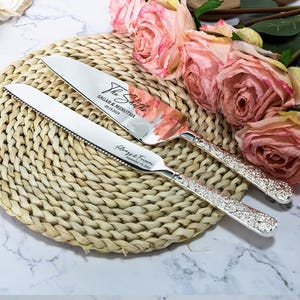 Custom Wedding Cake Serving Set, Personalized Cake Knife and Server, Engraved Wedding Cake Cutting Set, Bride and Groom Gift image 15