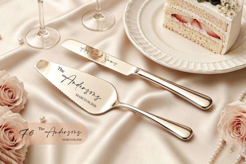 Puede incluir: Un juego de cuchillo y pala para pastel en tono dorado con grabado personalizado. El cuchillo lleva los nombres Angelica & James, mientras que la pala muestra el texto The Andersons y la fecha MARCH.06.2026 en una fuente cursiva negra.