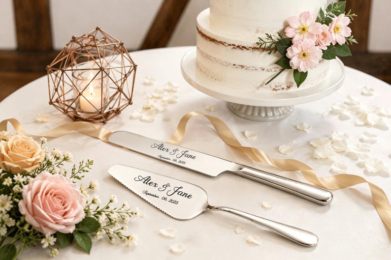 Puede incluir: Un juego de cuchillo y pala para pastel en plata con el texto grabado Alex & Jane y September 06, 2025. Los utensilios tienen mangos lisos y pulidos, exhibidos junto a un pastel blanco, flores rosas y un portavelas geom&eacute;trico dorado.