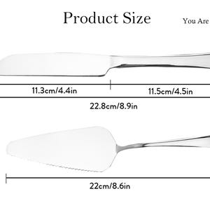 Puede incluir: Un juego de cuchillo y pala para pastel de color plateado con el texto "Product Size" y "You Are My Forever". El cuchillo mide 22,8 cm de largo y 2,3 cm de ancho. La pala mide 22 cm de largo y 4,6 cm de ancho con un borde dentado.