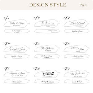 May include: A design style chart labeled Page 1 featuring nine numbered sections, 71 through 79, each displaying two black line drawings of cake knife and server blades with various personalized text engravings including names and dates.