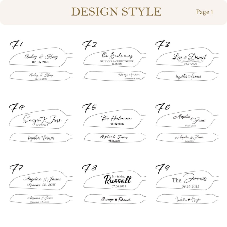 May include: A design style chart labeled Page 1 featuring nine numbered sections, 71 through 79, each displaying two black line drawings of cake knife and server blades with various personalized text engravings including names and dates.