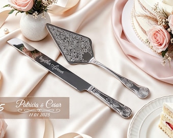 Personalized Wedding Cake Knife Set, Engraved Server for Reception, Custom Cake Cutting Set, Bride Groom Gift