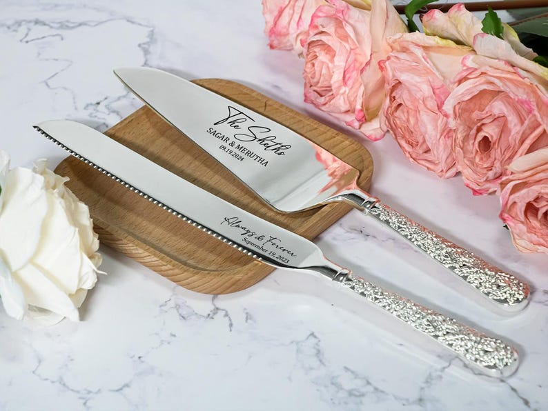 Custom Wedding Cake Serving Set, Personalized Cake Knife and Server, Engraved Wedding Cake Cutting Set, Bride and Groom Gift image 18