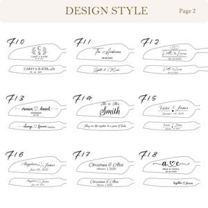 May include: A design style guide labeled Page 2 featuring nine sets of cake knife and server engravings numbered 710 through 718. Each set displays black text and decorative motifs including names, dates, and heart symbols on white backgrounds.
