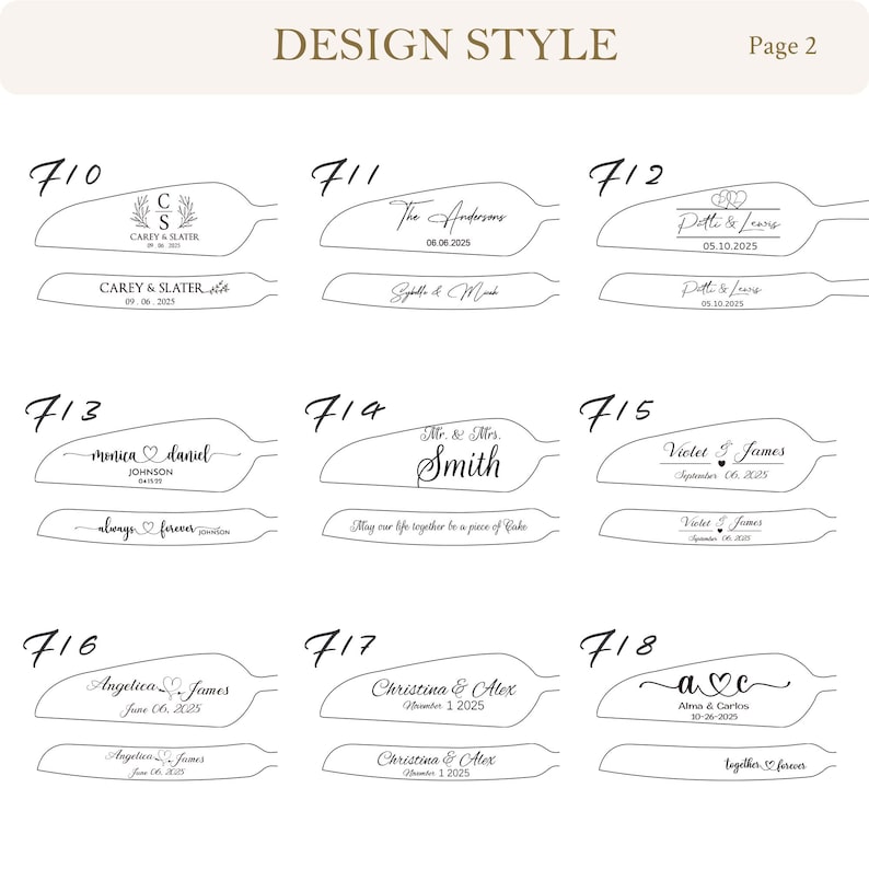 May include: A design style guide labeled Page 2 featuring nine sets of cake knife and server engravings numbered 710 through 718. Each set displays black text and decorative motifs including names, dates, and heart symbols on white backgrounds.