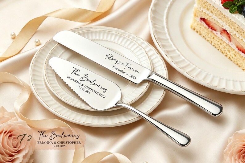 Puede incluir: Un juego de cuchillo y pala para pastel en metal plateado pulido. El cuchillo tiene grabado Always & Forever December 3, 2025. La pala est&aacute; grabada con The Boulwares BRIANNA & CHRISTOPHER 12.03.2025. Ambas piezas tienen mangos lisos.