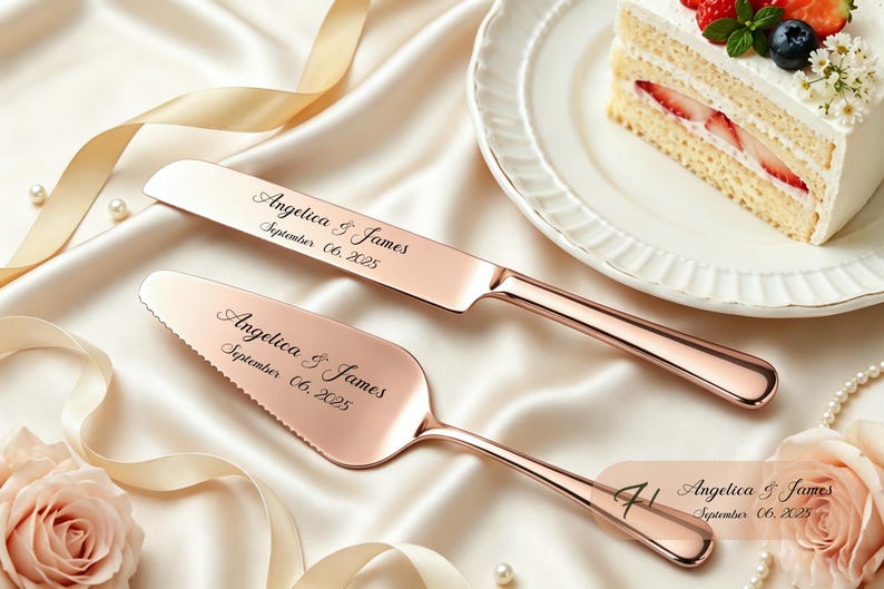 Puede incluir: Un juego de cuchillo y pala para pastel en oro rosa con acabado met&aacute;lico pulido. Ambas piezas est&aacute;n grabadas con el texto Angelica & James y la fecha September 06, 2025. La pala tiene un borde dentado y el cuchillo una hoja lisa.